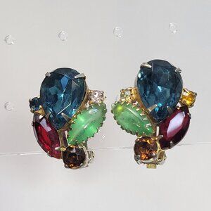 Vintage Fuit Salad Rhinestone Clip On Earrings Prong Set Colorful Unsigned